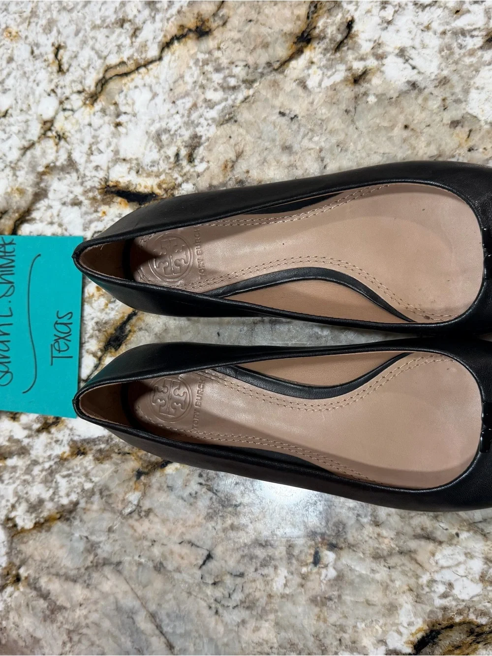 Tory Burch Black Leather Logo Ballet Flats